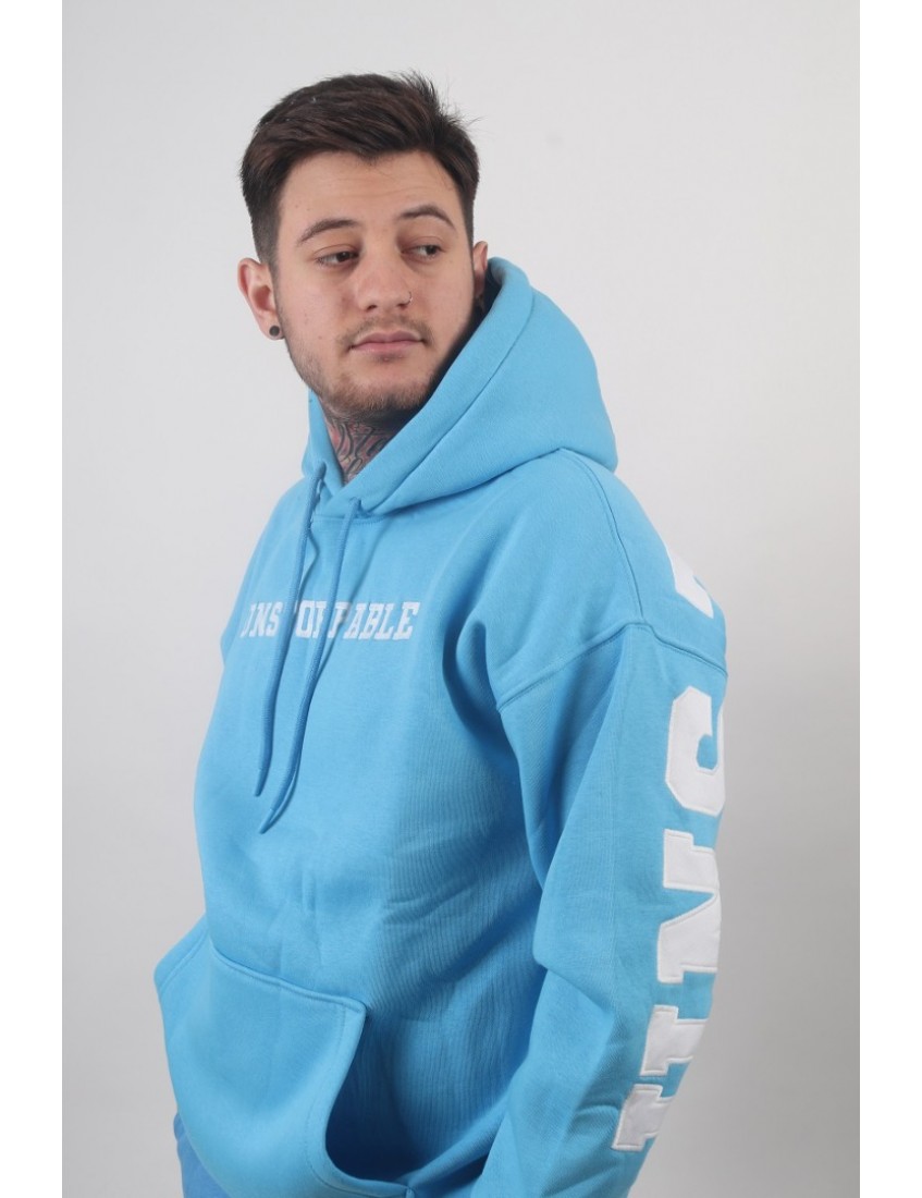 Açık Mavi Yazı Detaylı Oversize Erkek  Kapşonlu Sweatshirt