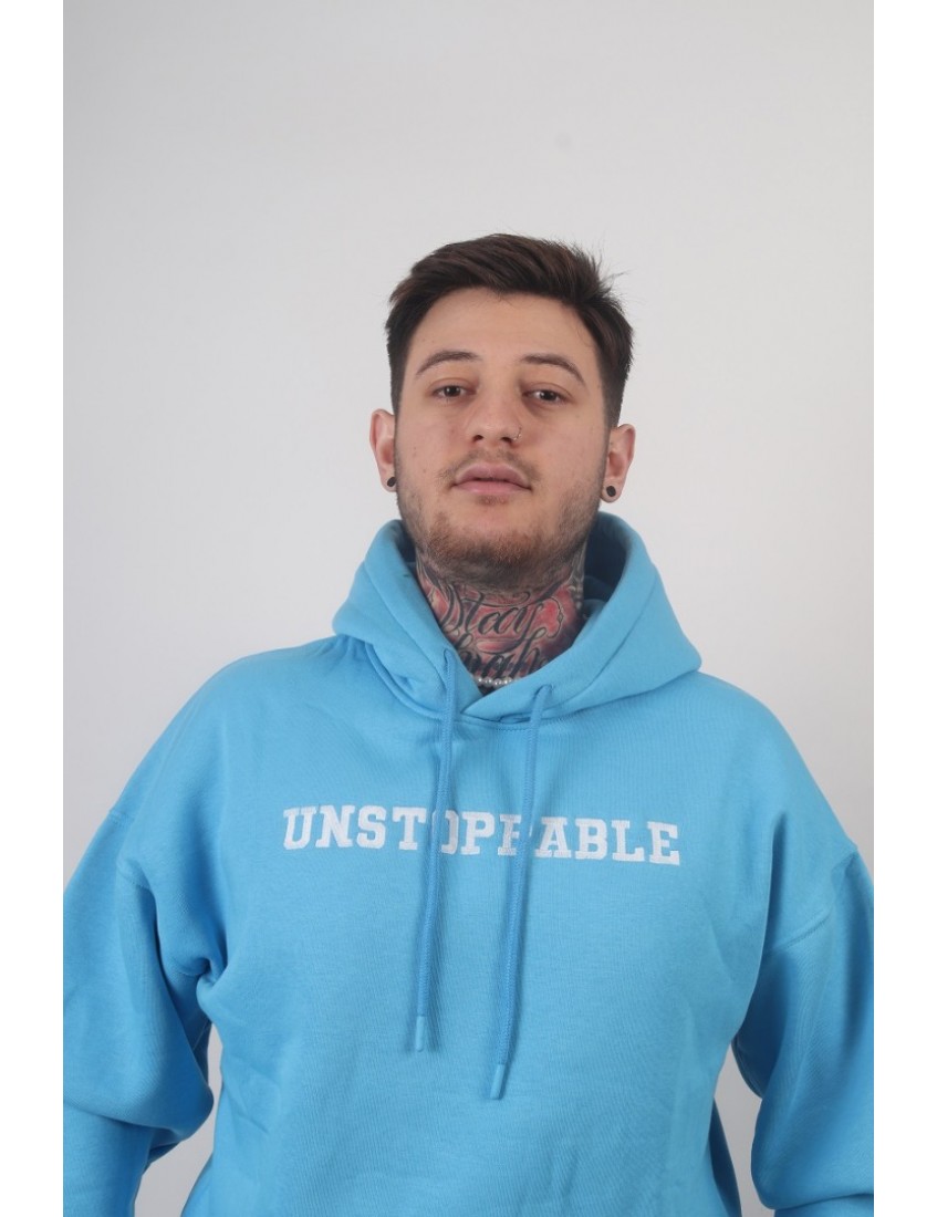 Açık Mavi Yazı Detaylı Oversize Erkek  Kapşonlu Sweatshirt