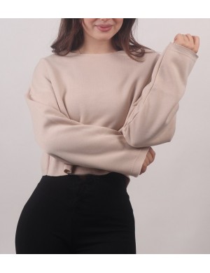 Bej Pis Dikiş Oversize Crop Kadın Sweatshirt