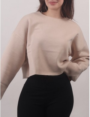Bej Pis Dikiş Oversize Crop Kadın Sweatshirt